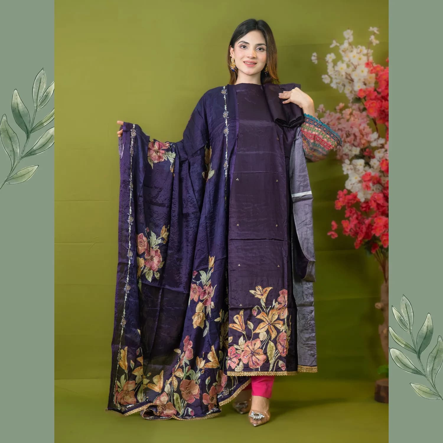Purple Unstitch Embroidered Silk Salwar Kameez C-11555 