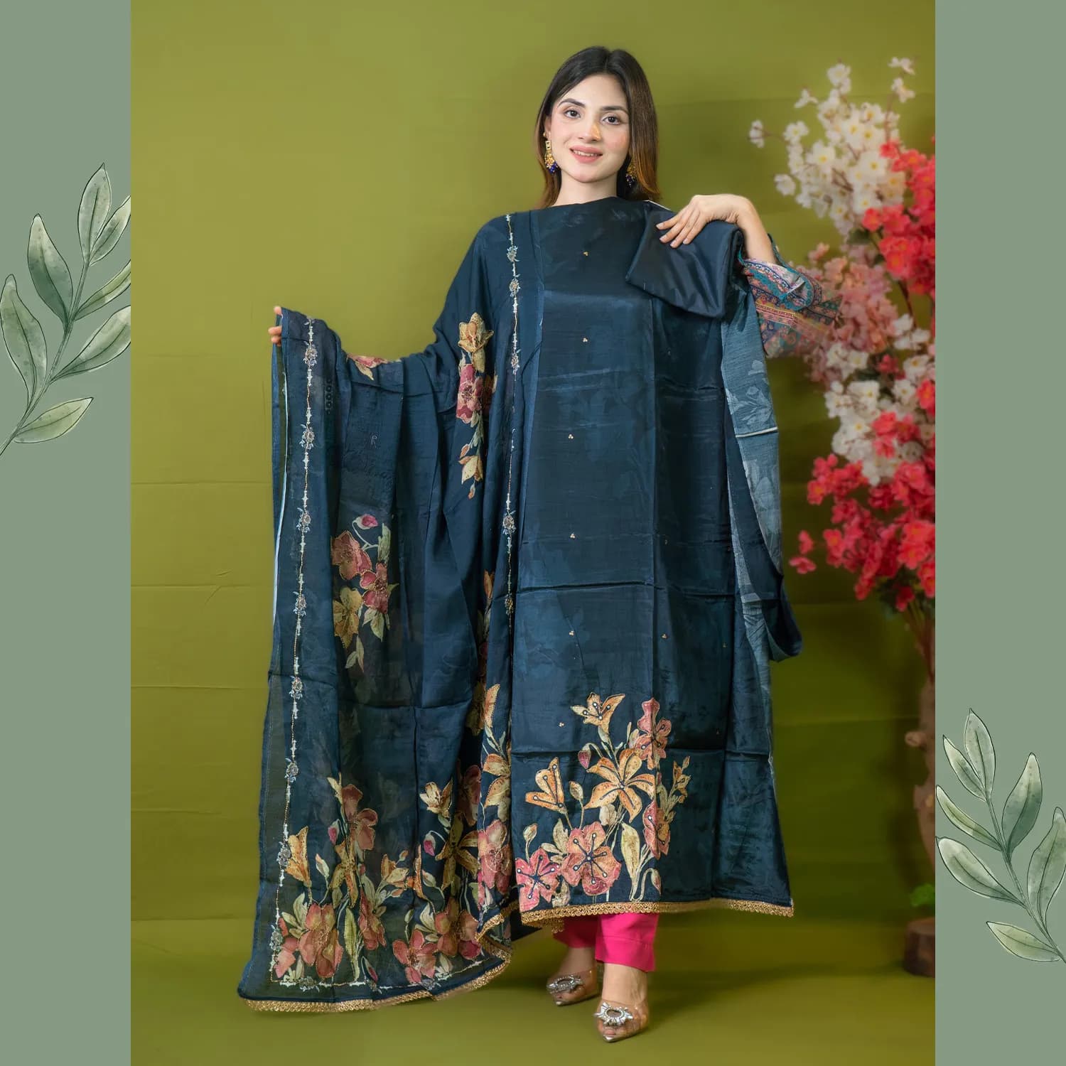 Teal Unstitch Embroidered Silk Salwar Kameez C-11554 
