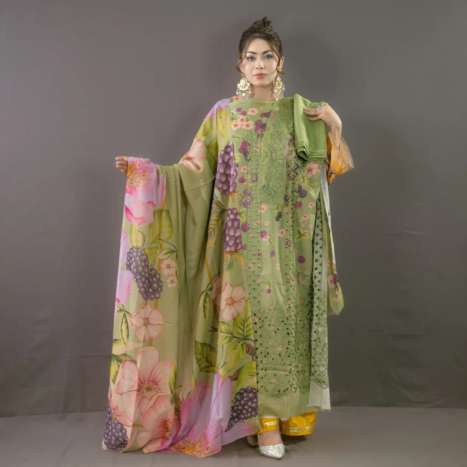 Green Unstitch Embroidered Printed Cotton Salwar Kameez C-11654 