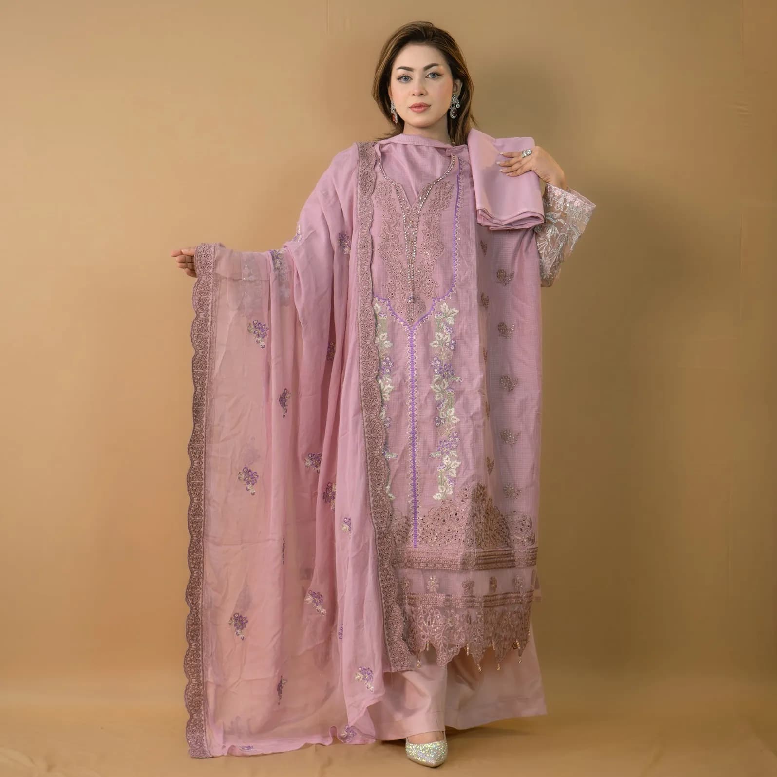 Plum Semi-Stitch Embroidered Cottn Salwar Kameez C-11687 