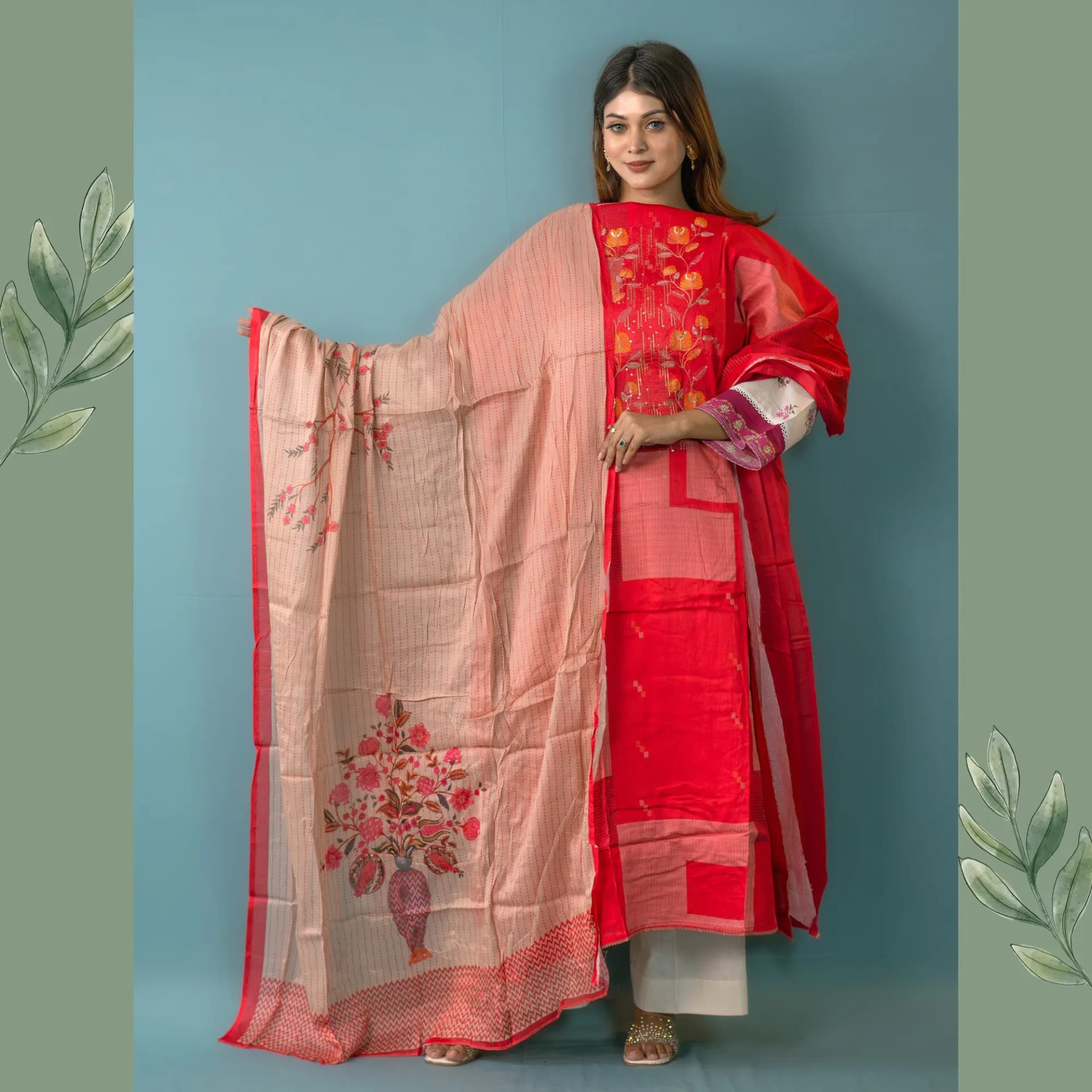 Red Unstitch Embroidered Cotton Silk Salwar Kameez C-10472 