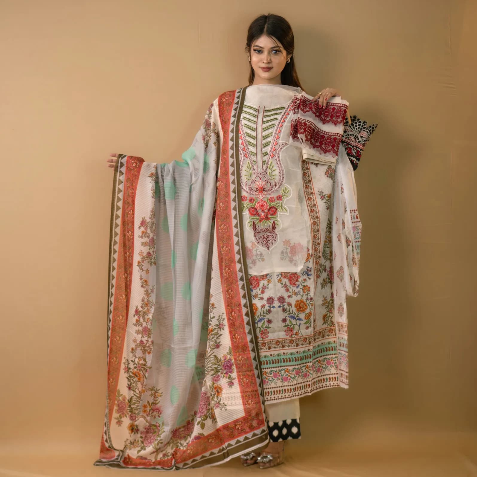 Beige Unstitch Embroidered Printed Cotton Salwar Kameez C-11724 