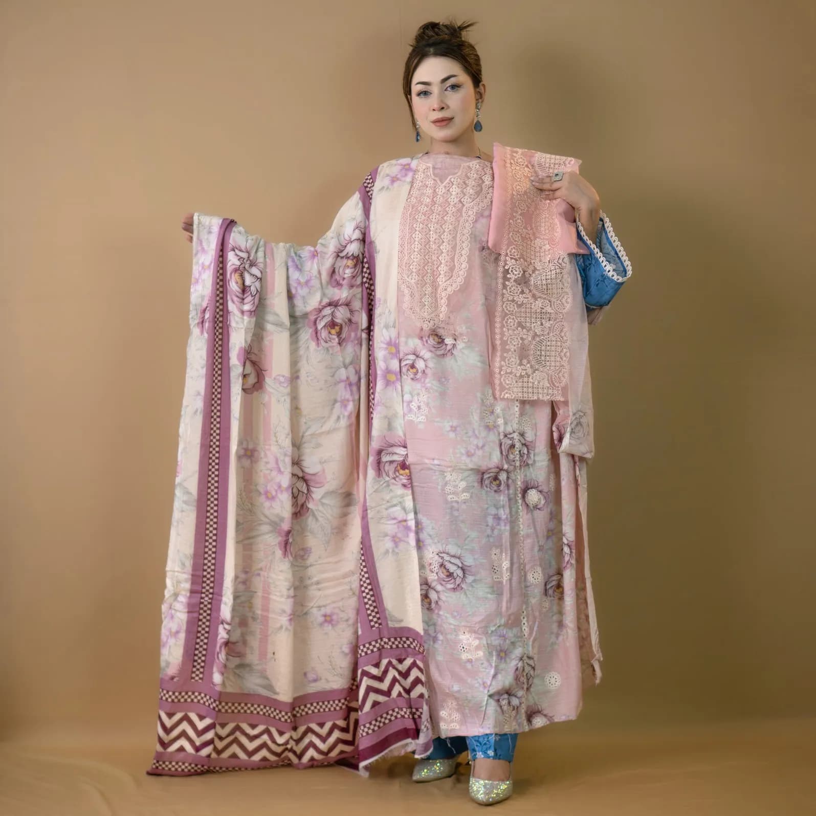 Pink Unstitch Embroidered Printed Cotton Kameez C-11739