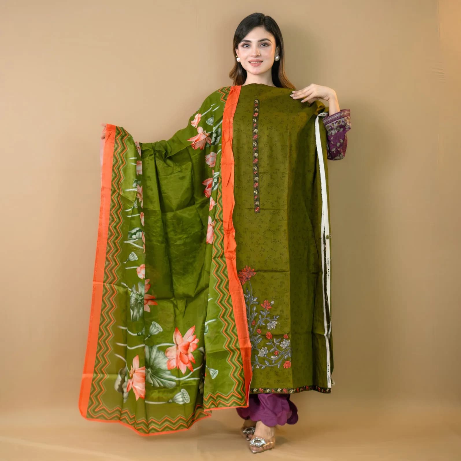 Olive Unstitch Embroidered Cotton Silk Salwar Kameez C-11747 