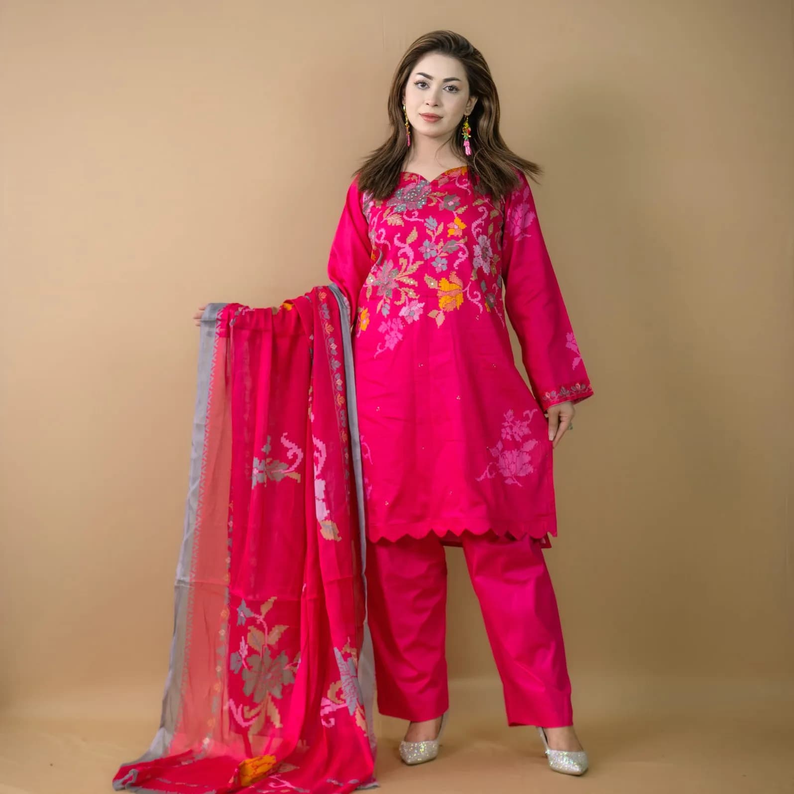 Magenta Stitch Unstitch Embroidered Printed Cotton Silk Salwar Kameez C-11591 