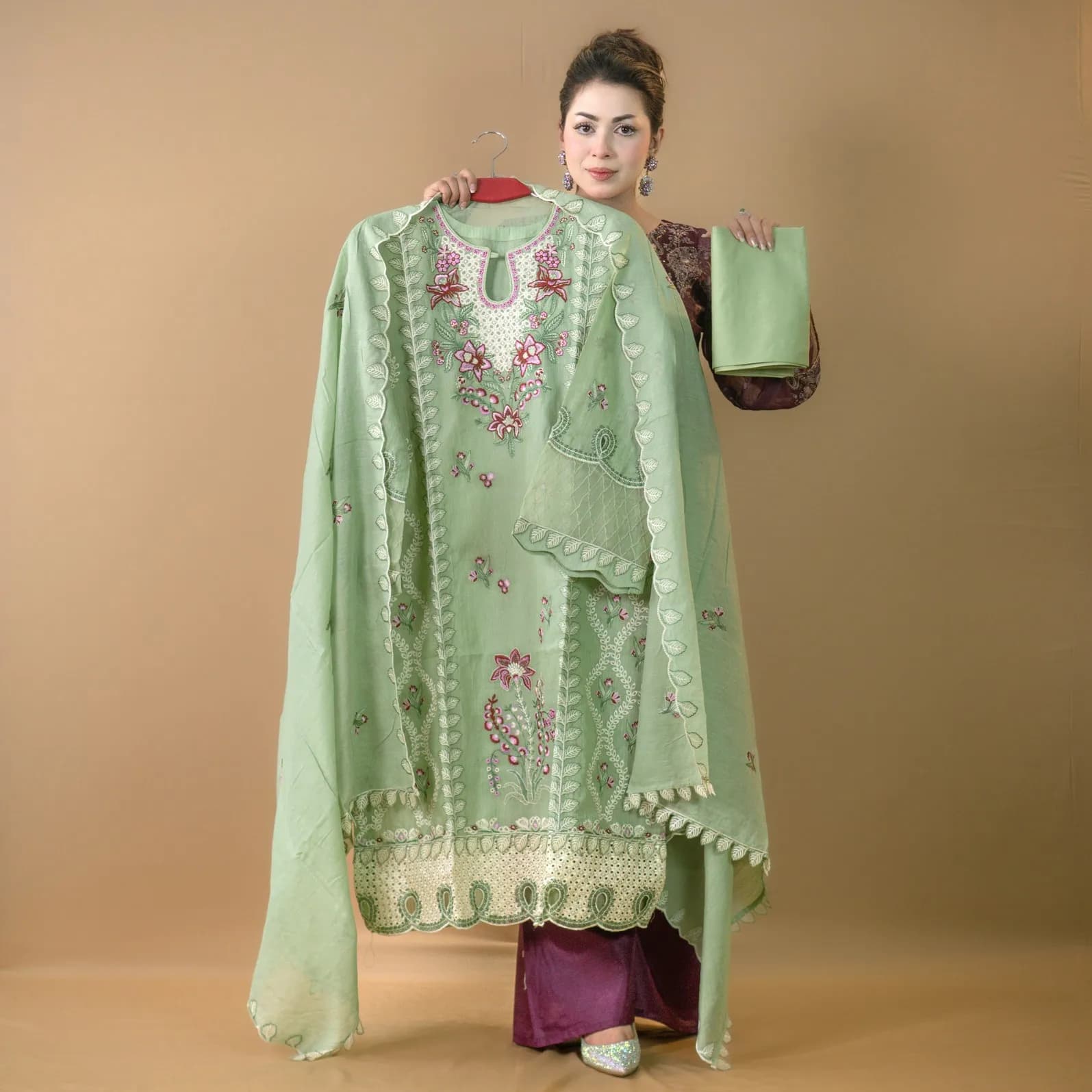Mint Semi-Stitch Embroidered Cotton Salwar Kameez C-11804