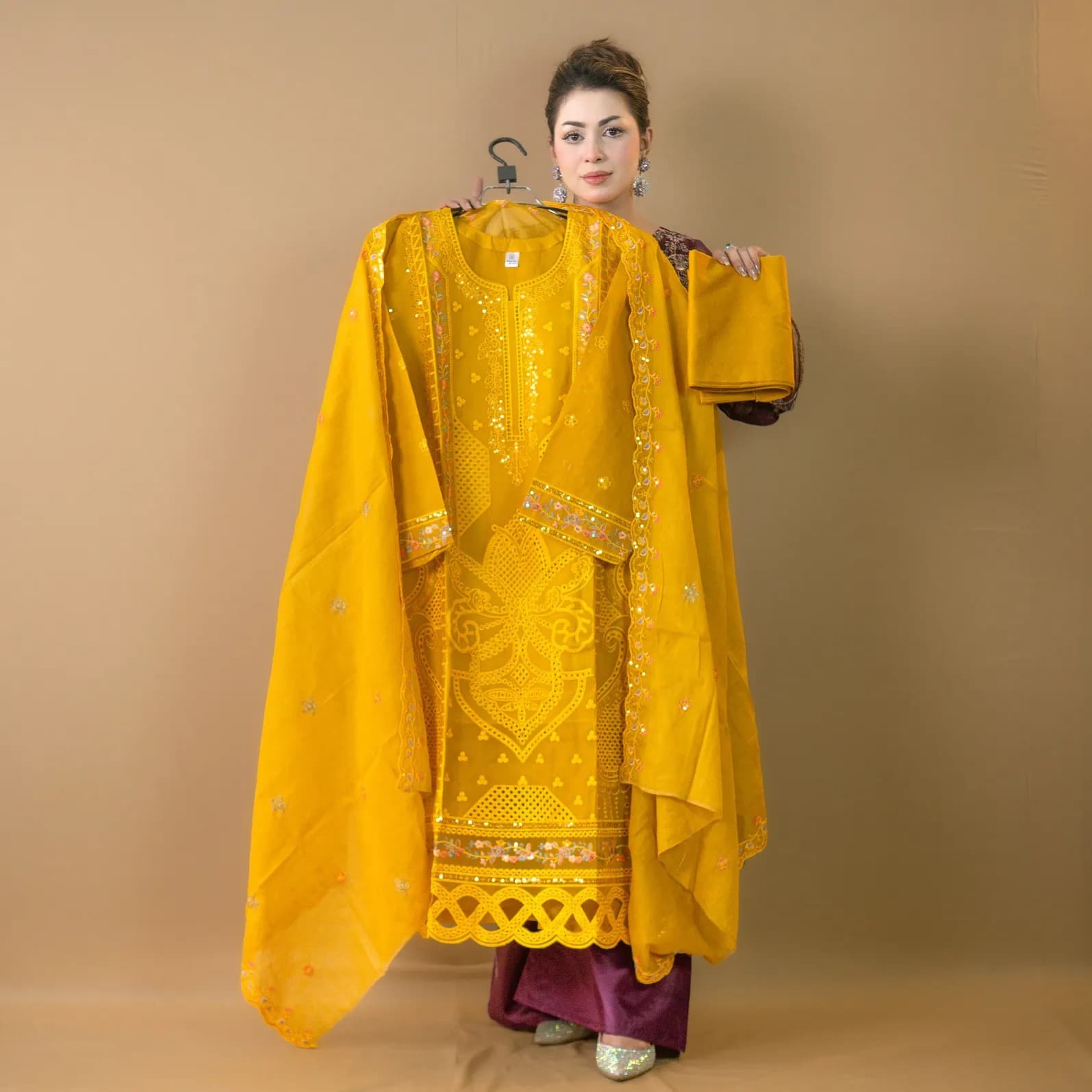 Yellow Semi-Stitch Embroidered Cotton Salwar Kameez C-11807 