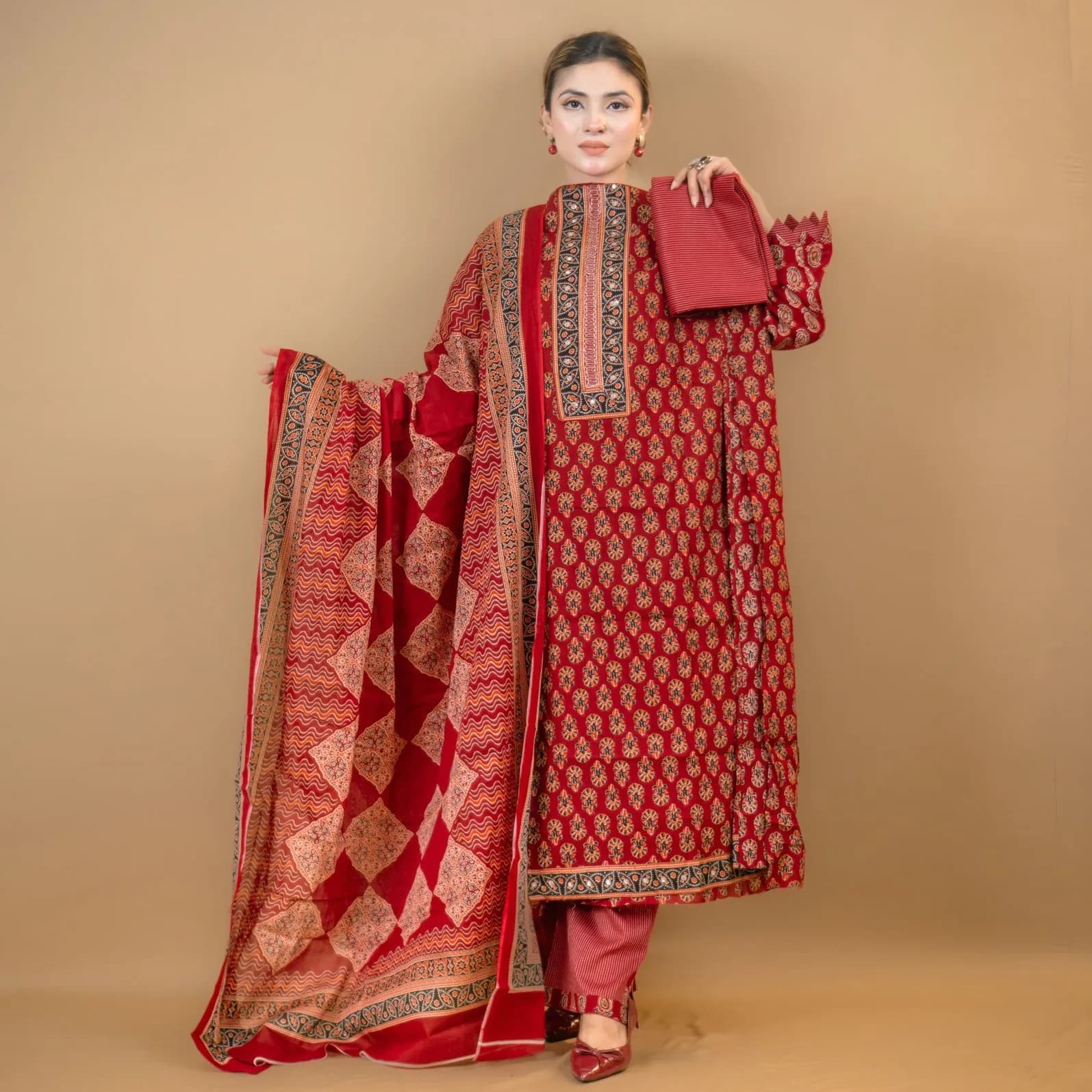 Red Unstitch Embroidered Printed Cotton Salwar Kameez C-11889 