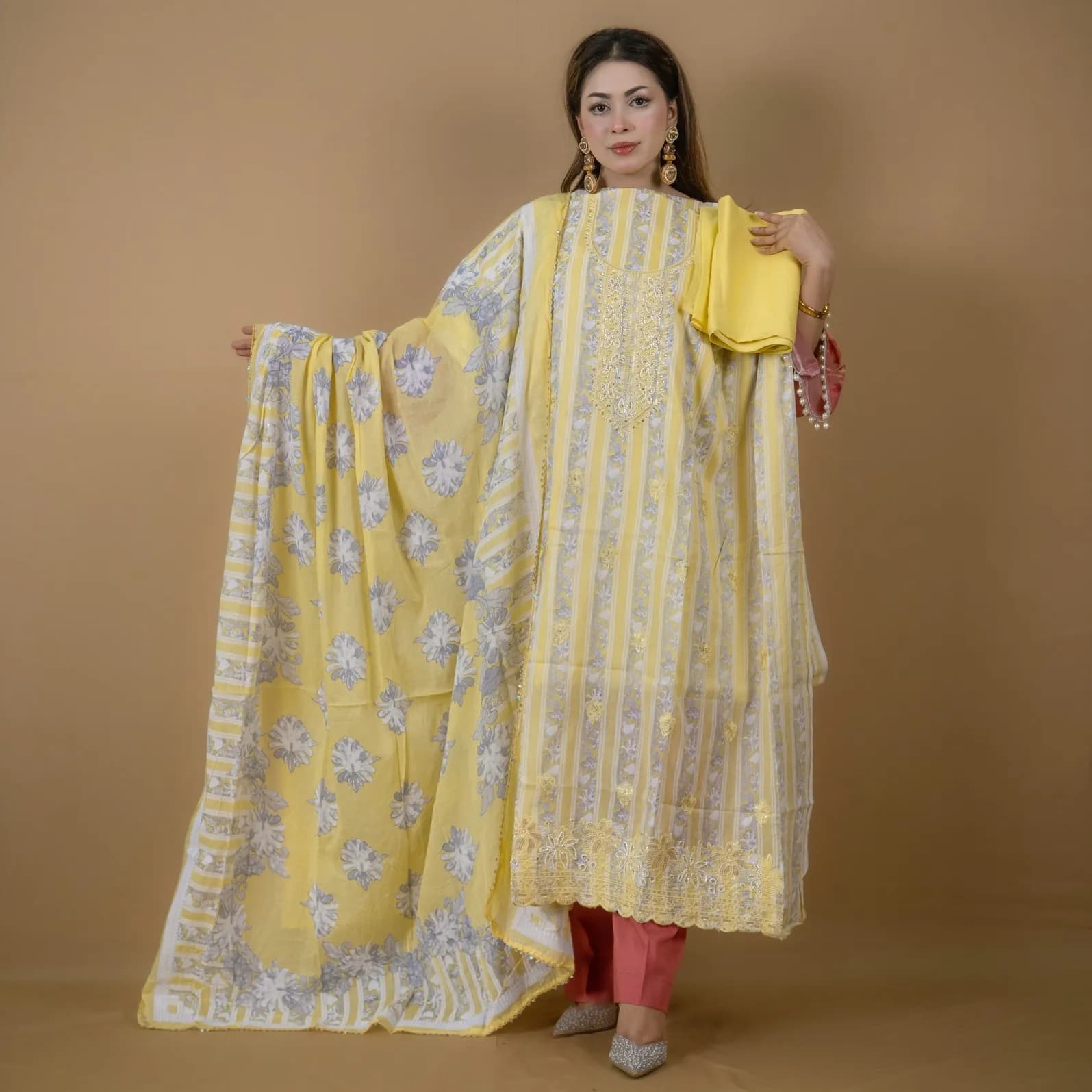Yellow Unstitch Embroidered Printed Cotton Salwar Kameez C-11929 