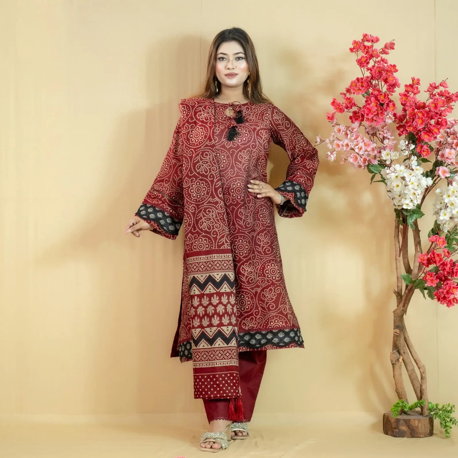 Maroon Printed Kota Cotton Salwar Kameez –C-12380 Stitching Available