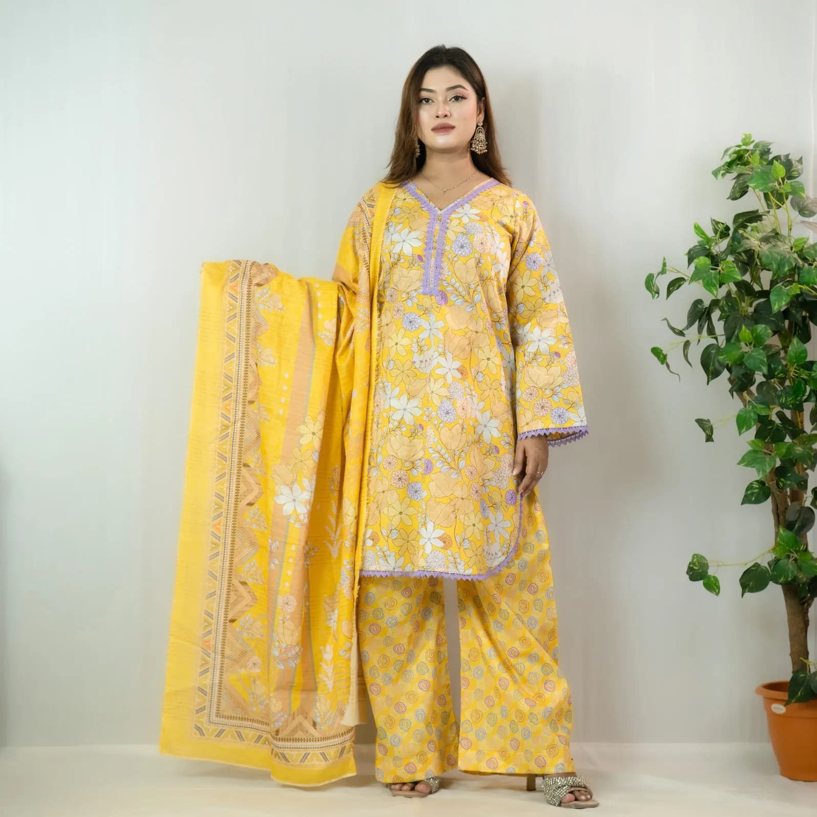 Yellow Floral Printed Cotton Salwar Kameez –C-12490 Stitching Available