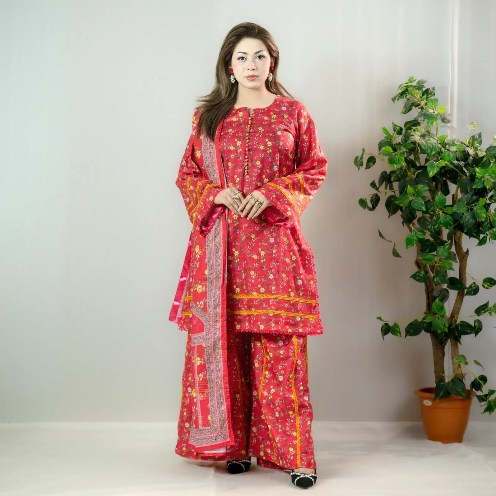 Crimson Red Printed Cotton Salwar Kameez –C-12526 Stitching Available