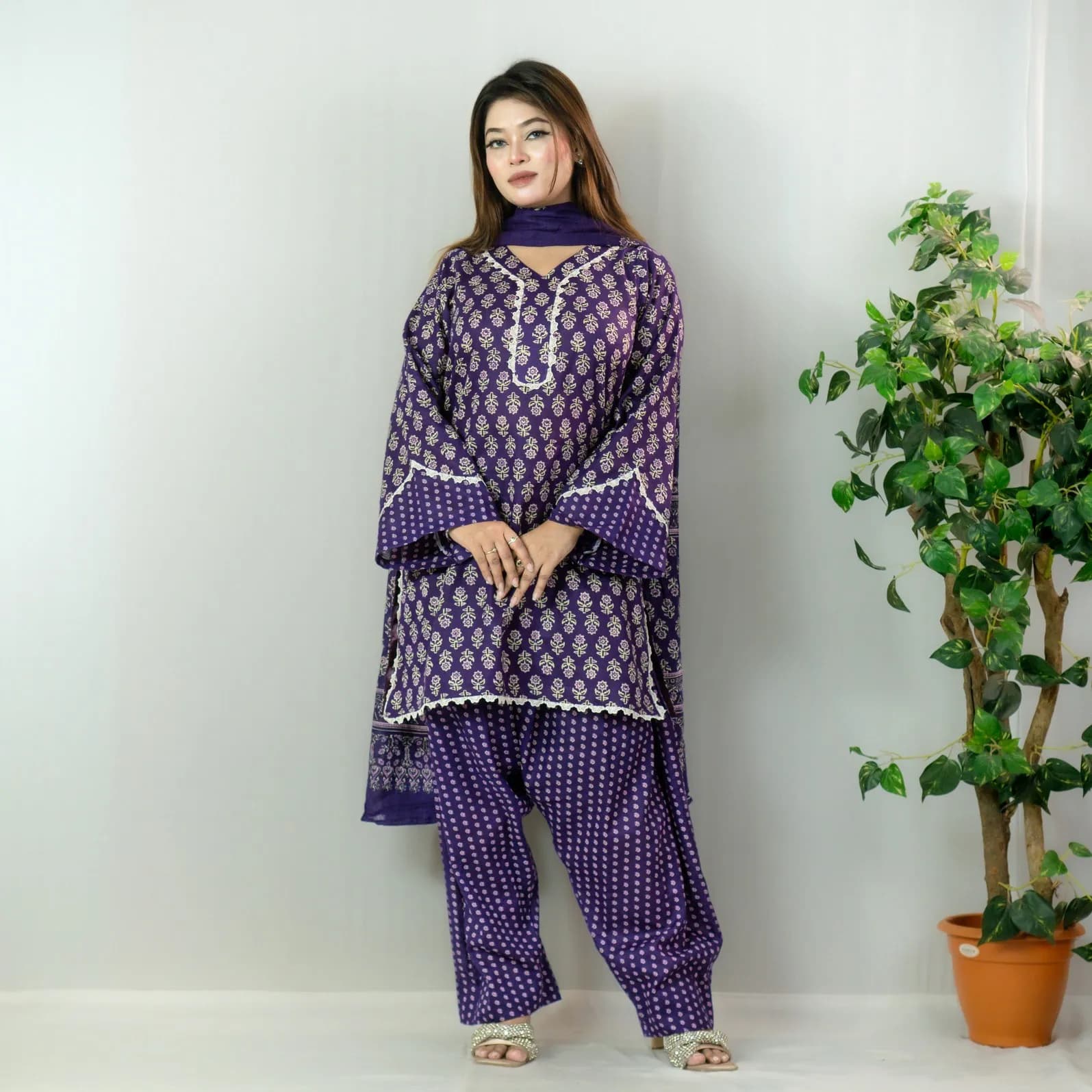 Violet Printed Fine Cotton Salwar Kameez –C-12535 Stitching Available