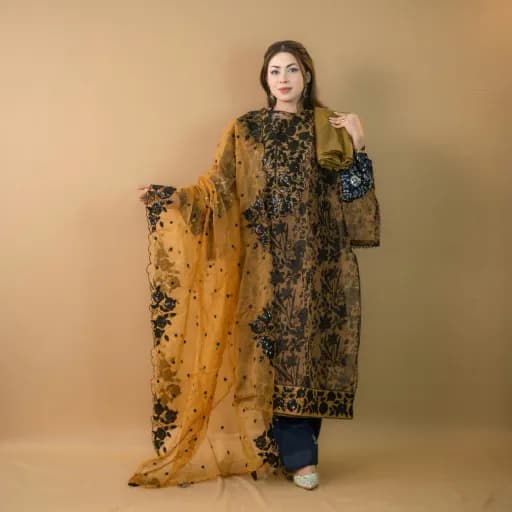 Mustard Unstitch Embroidered Muslin Organza Salwar Kameez C-9480