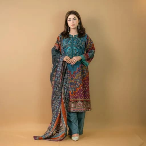 Teal Unstitched Stitched Embroidered Printed Cotton Salwar Kameez C-11638/ Stitching Available