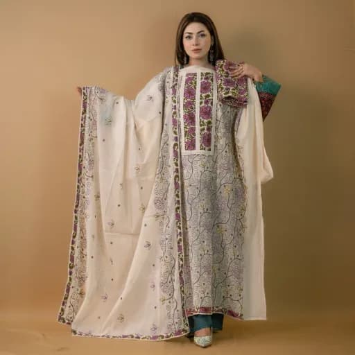 White Unstitch Embroidered & Printed Salwar Kameez Suit C-11639 