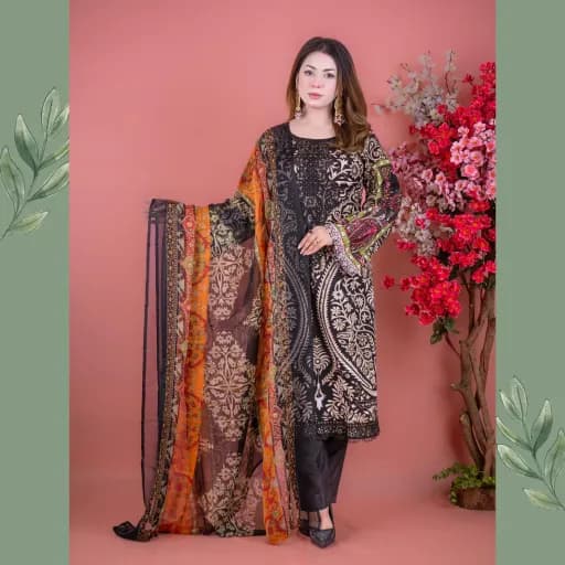 Black Embroidered Printed Cotton Salwar Kameez C-11258 – Stitching Available