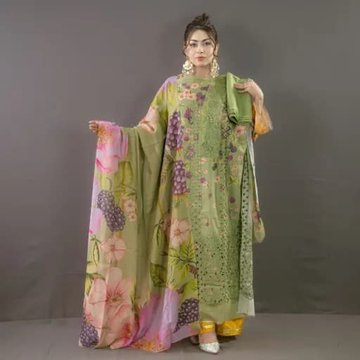 Green Unstitch Embroidered Printed Cotton Salwar Kameez C-11654 