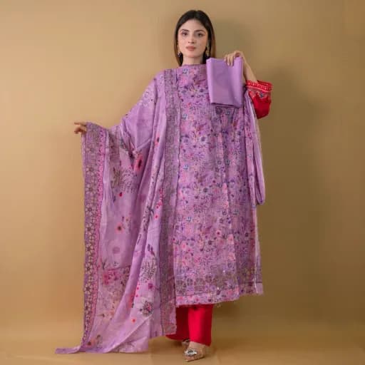 Purple Unstitch Embroidered Printed Cotton Salwar Kameez C-11666 