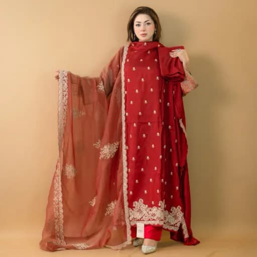 Red Unstitch Floral Woven Design Silk with Beads and Stones Salwar Kameez C-11675 