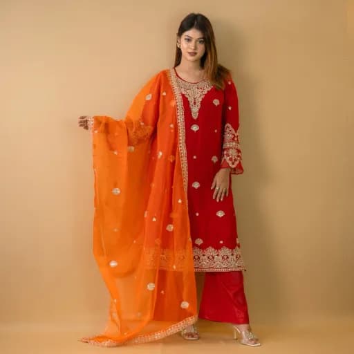 Red Orange Embroidered Georgette Salwar Kameez C-11677 – Stitching Available