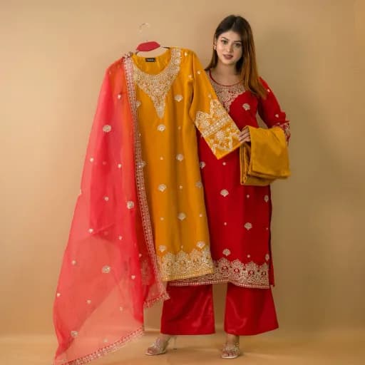 Mustard Pink Embroidered Georgette Salwar Kameez C-11678 – Stitching Available