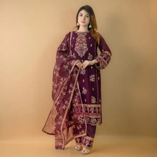 Wine Embroidered Georgette Organza Salwar Kameez C-11692 – Stitching Available