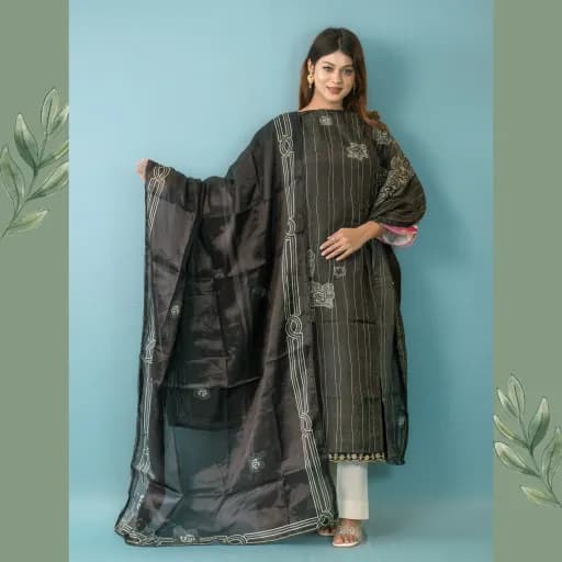Black Unstitch Embroidered Kota Cotton & Silk Veil Salwar Kameez C-11685