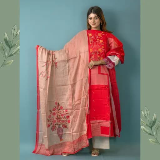 Red Unstitch Embroidered Cotton Silk Salwar Kameez C-10472 