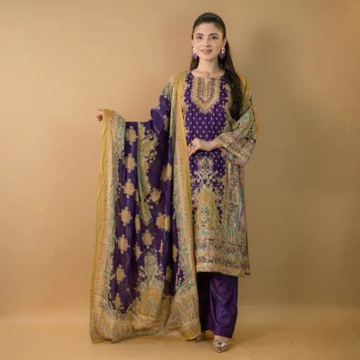 Purple Stitch Unstitch Embroidered Printed Silk Salwar Kameez C-9535 