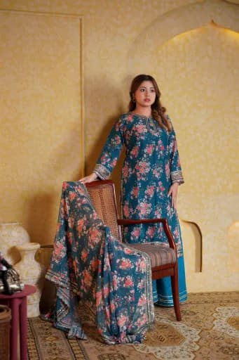 Teal Ready-to-Wear Embroidered Chiffon Festive Collection