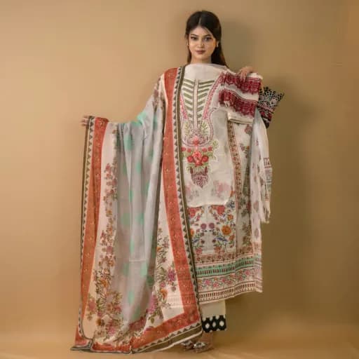 Beige Unstitch Embroidered Printed Cotton Salwar Kameez C-11724 