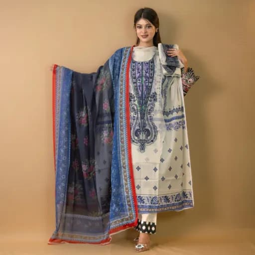 Mint Unstitch Embroidered Printed Cotton Salwar Kameez C-11726 