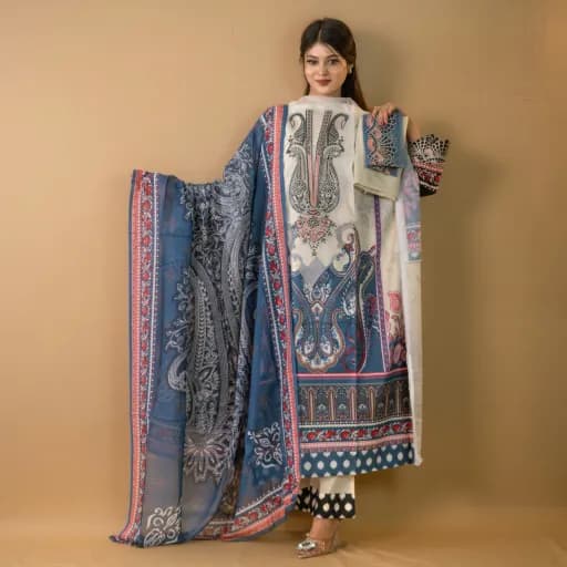 Blue Unstitch Embroidered Printed Cotton Salwar Kameez C-11723 