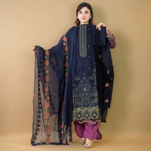 Navy Blue Unstitch Embroidered Cotton Salwar Kameez C-11743 
