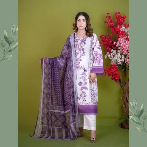 White Purple Stitch Unstitch Embroidered Cotton Salwar Kameez C-6748 