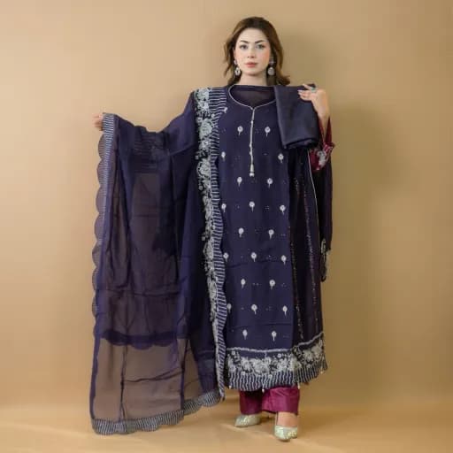 Navy Blue Unstitch Embroidered Muslin Salwar Kameez C-11749 