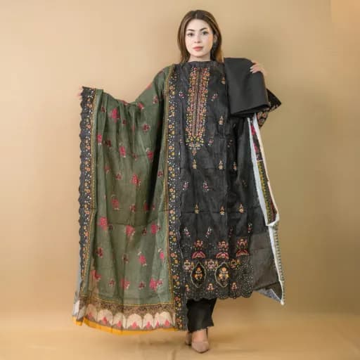 Black Unstitch Embroidered Printed Cotton Salwar Kameez C-11772 