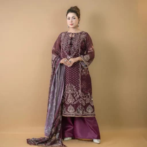Purple Zadri Embroidered Printed Georgette Salwar Kameez C-11803 – Stitching Available