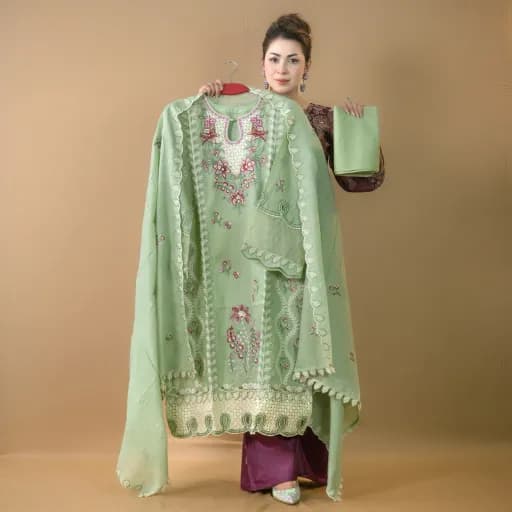 Mint Semi-Stitch Embroidered Cotton Salwar Kameez C-11804