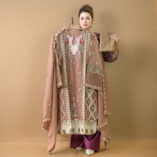 Beige Semi-Stitch Embroidered Cotton Salwar Kameez C-11806 