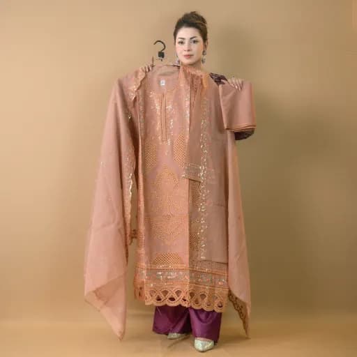 Salmon Semi-Stitch Embroidered Cotton Salwar Kameez C-11809 