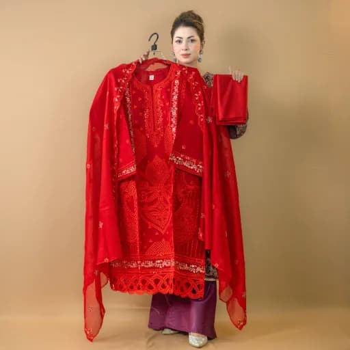 Red Semi-Stitch Embroidered Cotton Salwar Kameez C-11808 