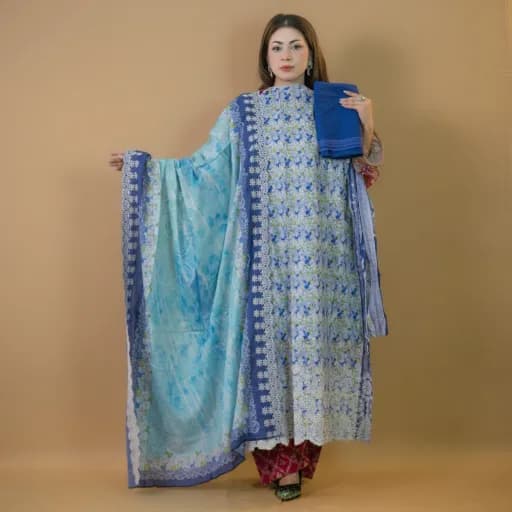 Blue Unstitch Embroidered Printed Cotton Salwar Kameez C-11844 