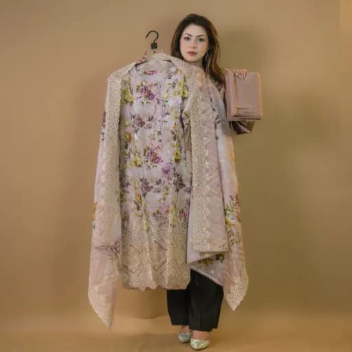 Beige Pakistani Brand Inspired Semi-Stitch Embroidered Cotton Salwar Kameez C-11866