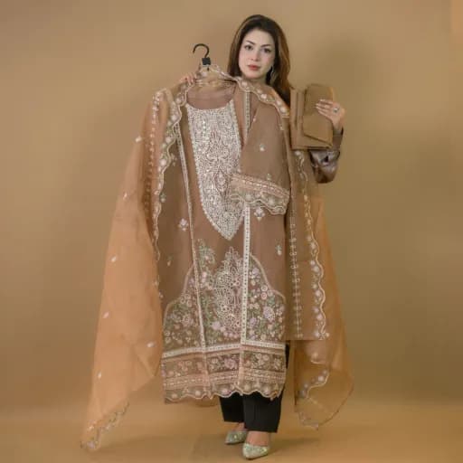Beige Pakistani Brand Inspired Semi-Stitch Embroidered Cotton Salwar Kameez C-11863 