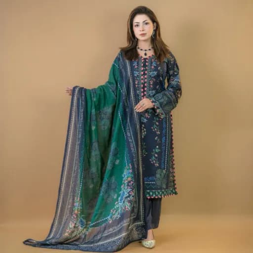 Navy Blue Pakistani-Inspired Printed Cotton Salwar Kameez C-11859 – Stitching Available