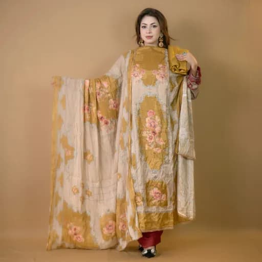 Mustard Unstitch Embroidered Printed Silk Salwar Kameez C-11874 
