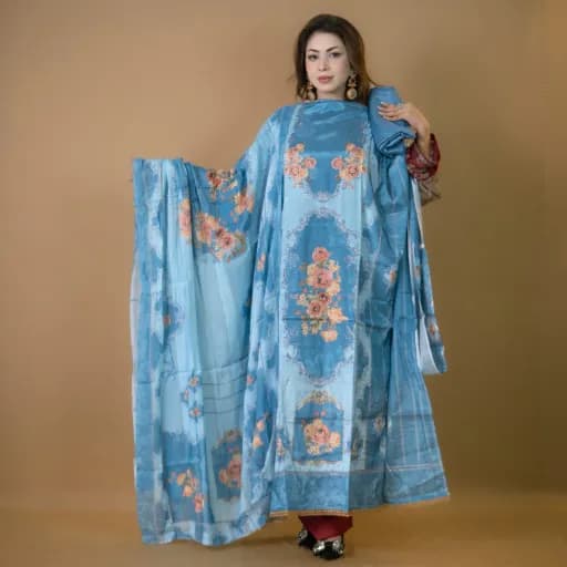 Sky Blue Unstitch Embroidered Printed Silk Salwar Kameez C-11873 