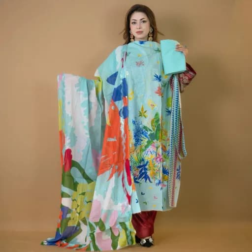 Sky Mint Unstitch Embroidered Printed Cotton Salwar Kameez C-11877 